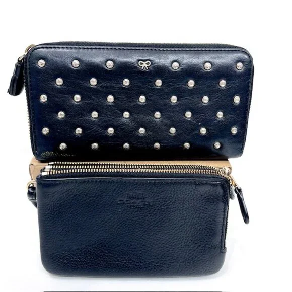 2 Vintage Wallets black leather full zip COACH & Ana Hindmarch with Studs (70) - Picture 3 of 11